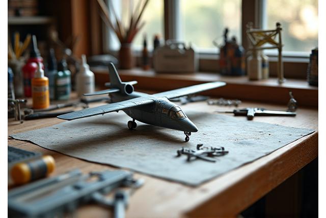 Modeler's workbench with tools, paints, and an airplane model